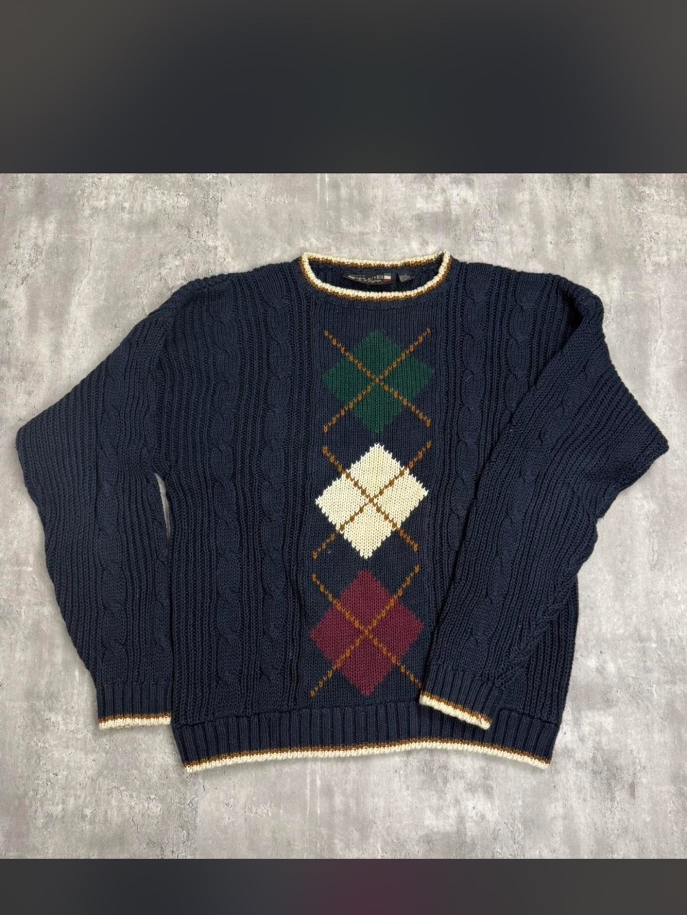 Vintage Navy Cable-Knit Crewneck Sweater with Argyle Panels